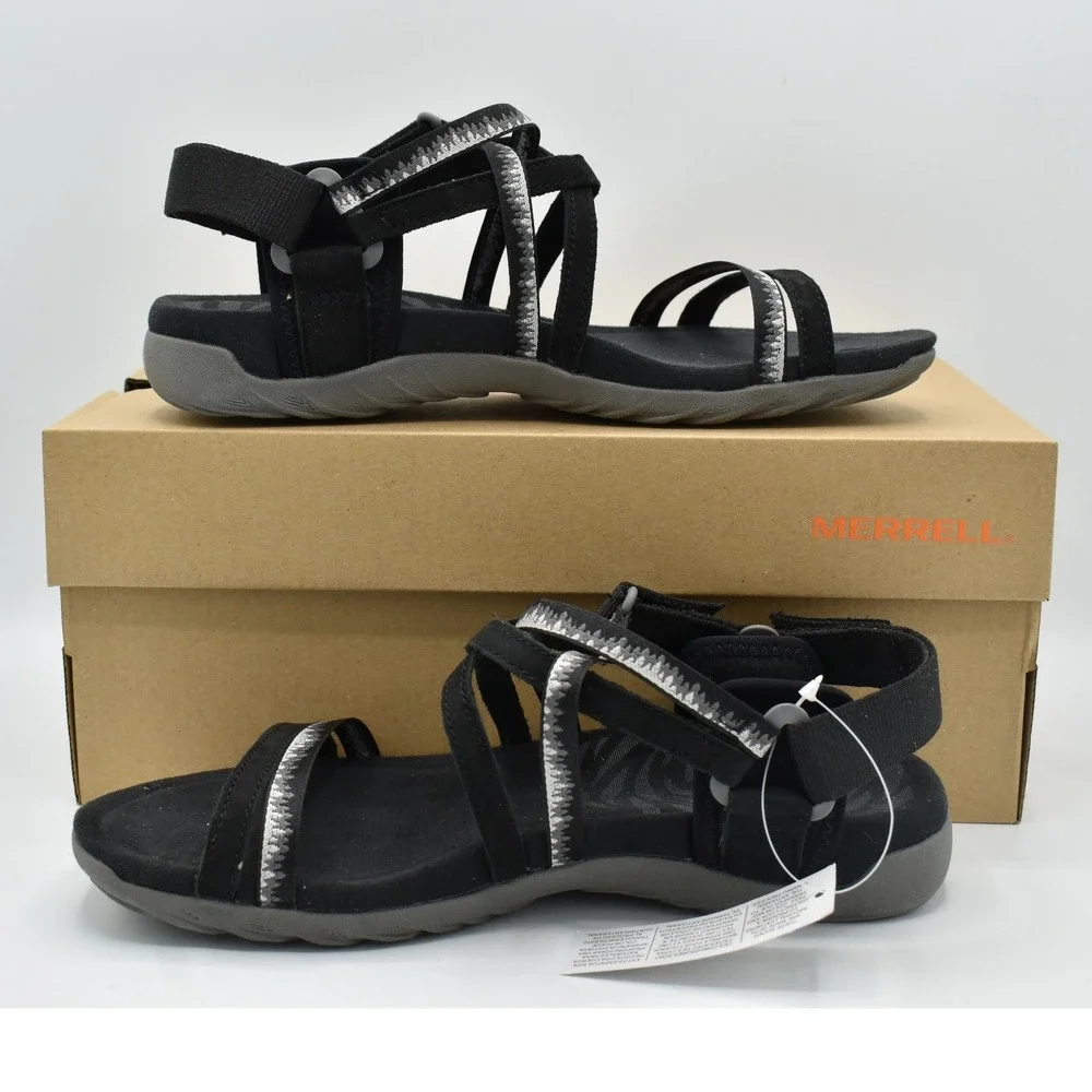 Merrell Womens Size 7 Wide Width Terran 3 Cush Lattice Black Leather Sandals